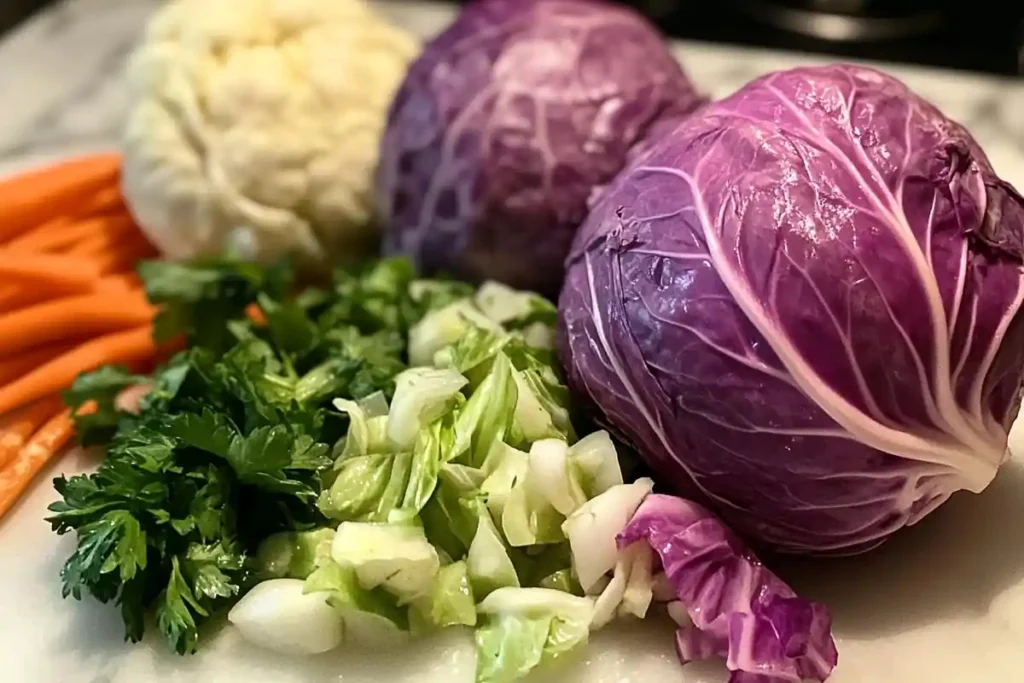 A colorful assortment of chopped vegetables, including red cabbage, carrots, parsley, and more, are displayed on a cutting board.