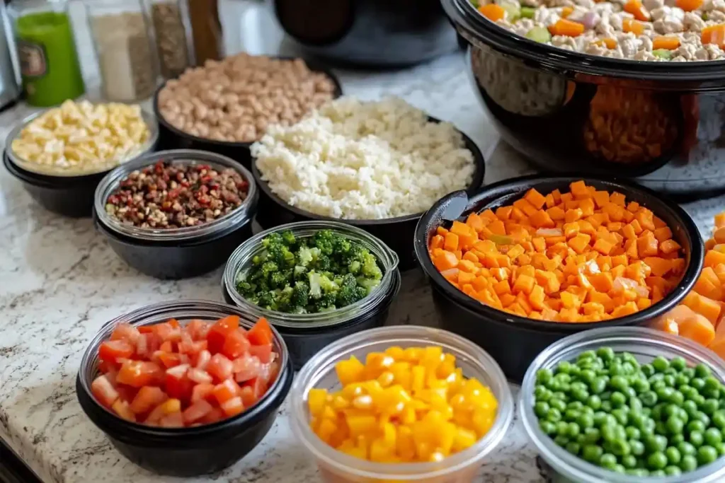 Bowls of chopped vegetables, cooked ground meat, rice, and other ingredients are arranged on a countertop.