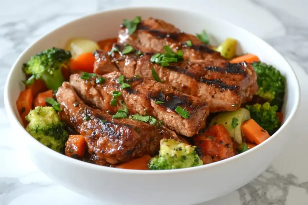 Grilled pork tenderloin is sliced and served on a bed of roasted broccoli and carrots.