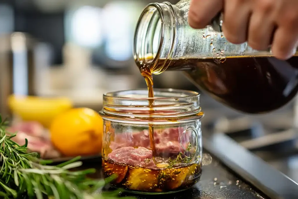 Pouring homemade beef broth into a jar for storage