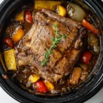 Slow cooker pot roast with vegetables and herbs.