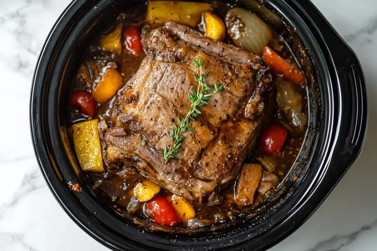 Slow cooker pot roast with vegetables and herbs.