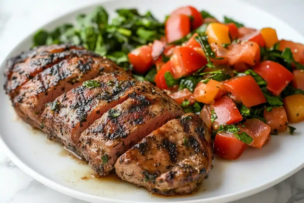 Sliced grilled steak served with a tomato and spinach salad.