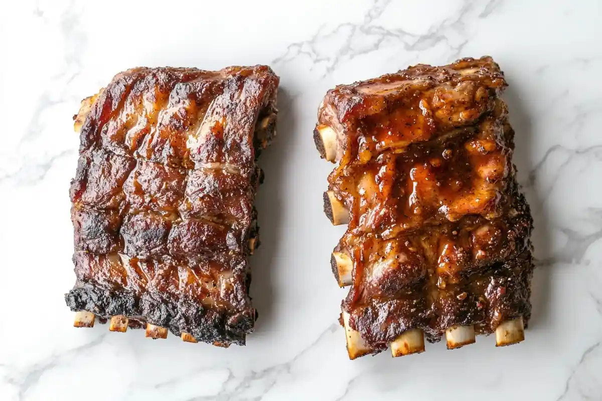 Raw country-style and short ribs displayed side-by-side on a white marble background.