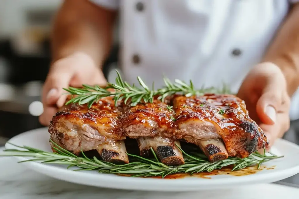 Various types of restaurant ribs, including pork spareribs, baby back ribs and beef short ribs, on a white marble background.