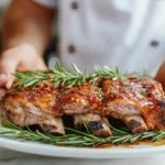 Various types of restaurant ribs, including pork spareribs, baby back ribs and beef short ribs, on a white marble background.