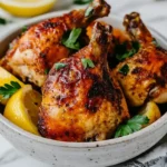 A whole rotisserie chicken and shredded leftover chicken on a white marble counter.