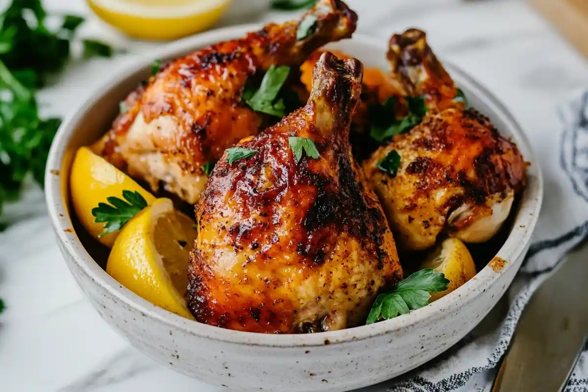 A whole rotisserie chicken and shredded leftover chicken on a white marble counter.