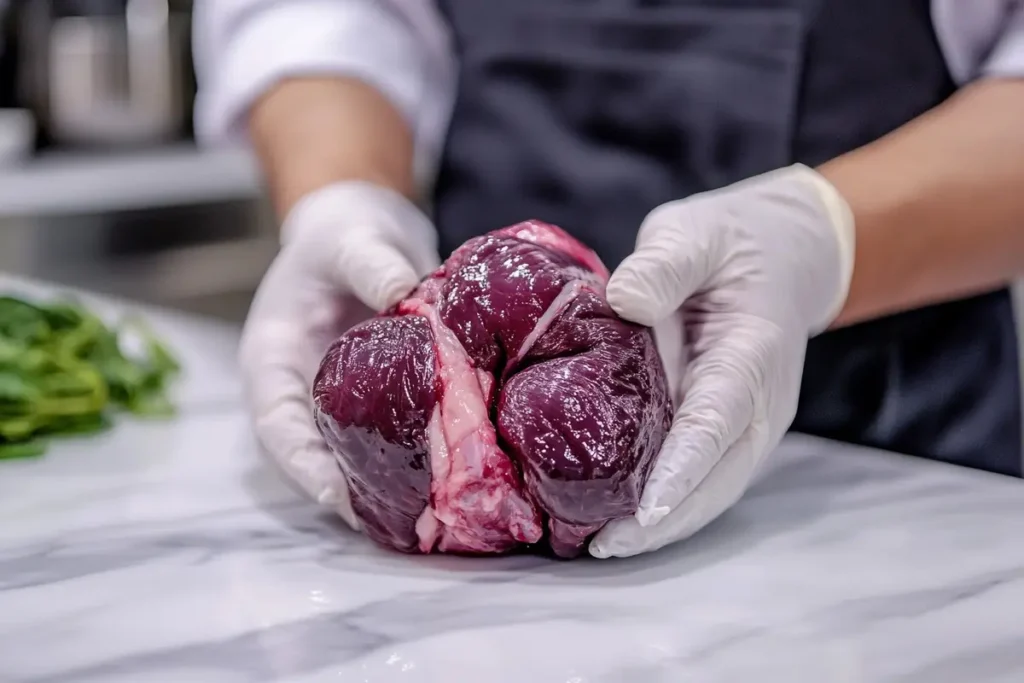 Beef heart being prepared with seasoning.