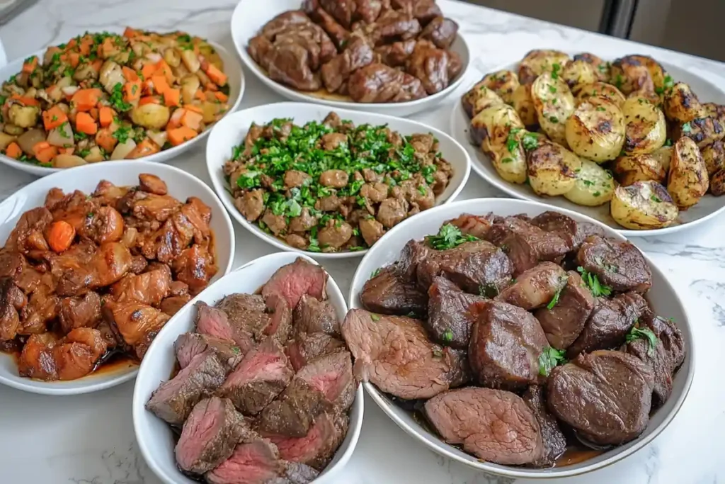 Different types of beef heart dishes.