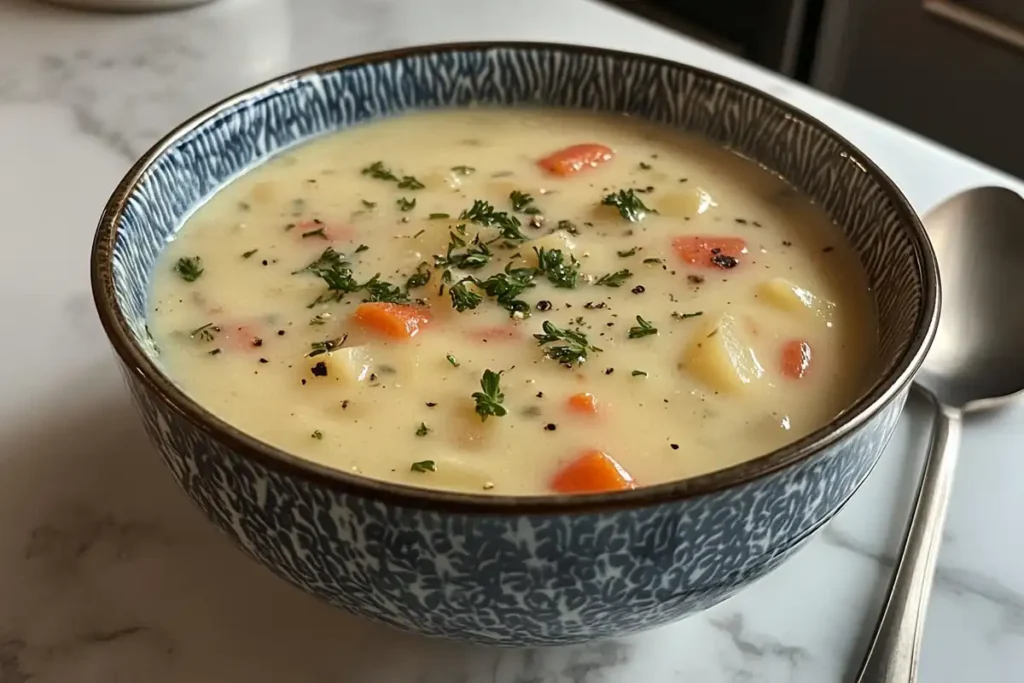 Bowl of 4 ingredient potato soup with a spoon