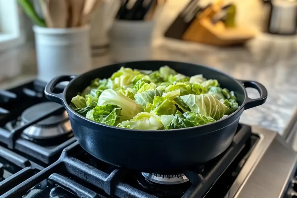 Chopped cabbage is shown in a black cast iron pot on a stovetop.