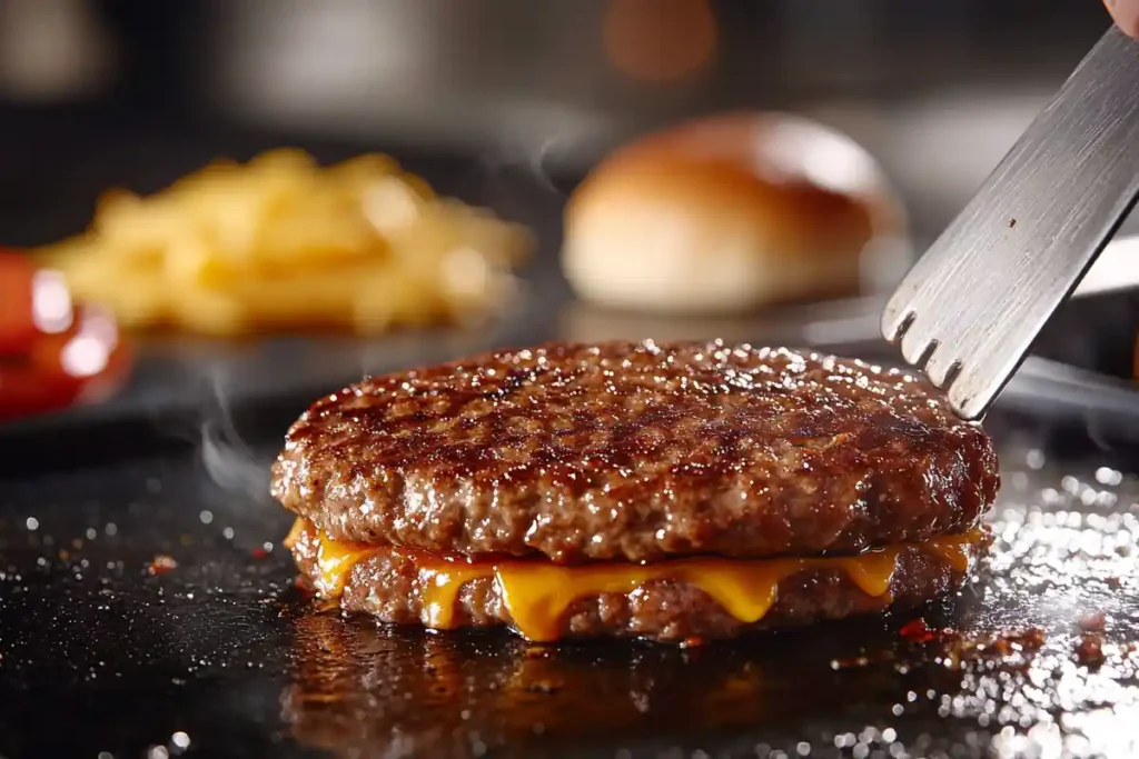 Burger patty being smashed on a griddle by a chef