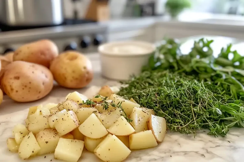 Diced potatoes seasoned with herbs sit on a marble countertop next to whole potatoes, herbs, and a bowl of sour cream.