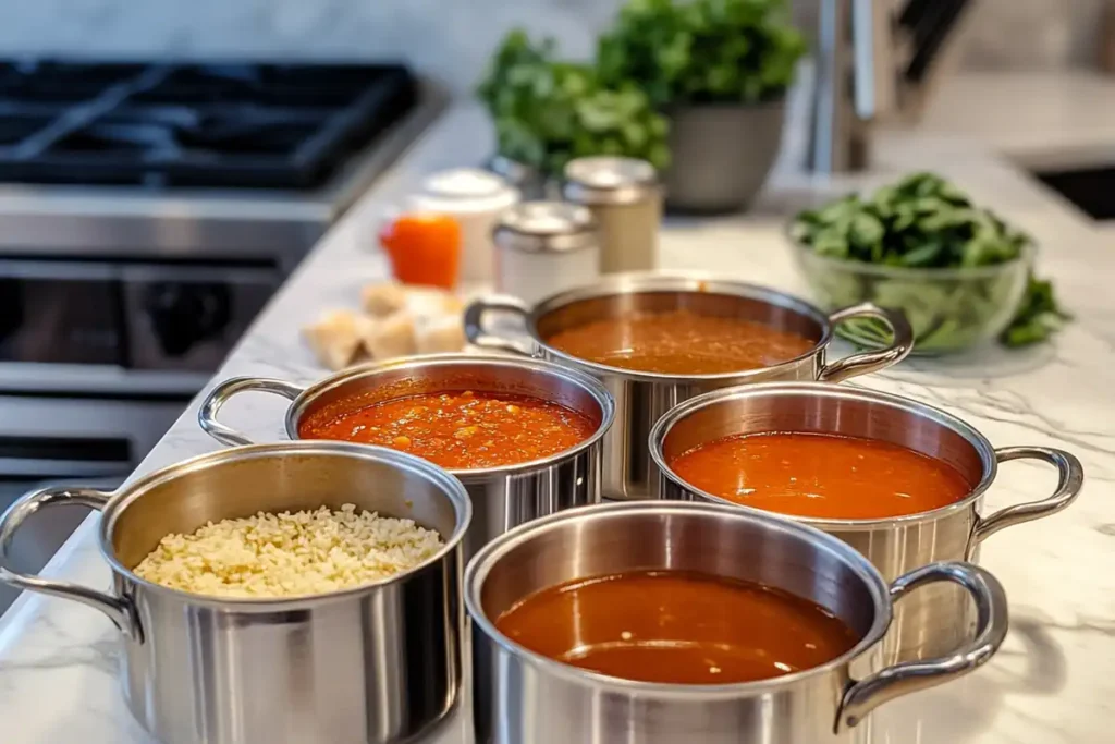 Four stainless steel pots on a kitchen counter contain various prepared foods including rice and sauces.