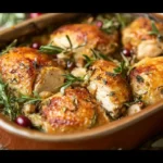 Golden-brown chicken and dressing in a baking dish