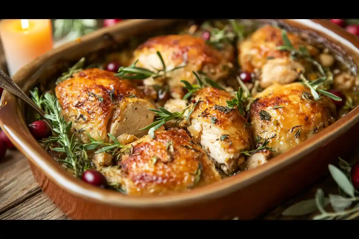 Golden-brown chicken and dressing in a baking dish