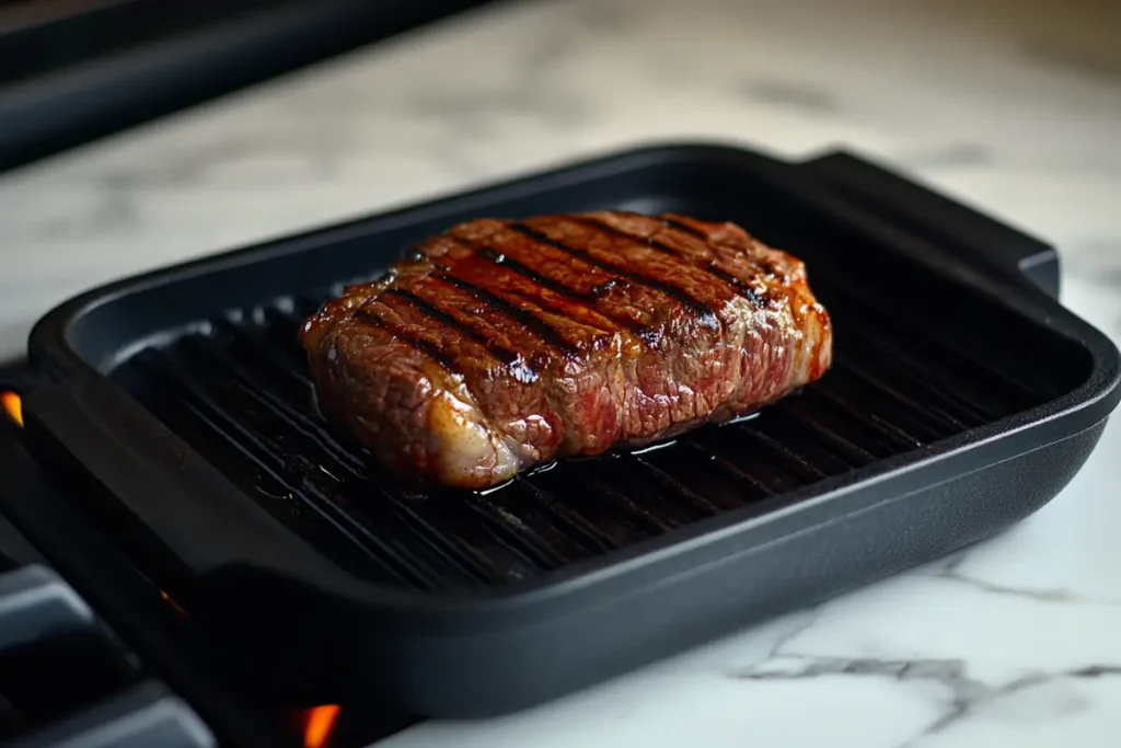 Grilled steak and beef heart slices on a white marble plate