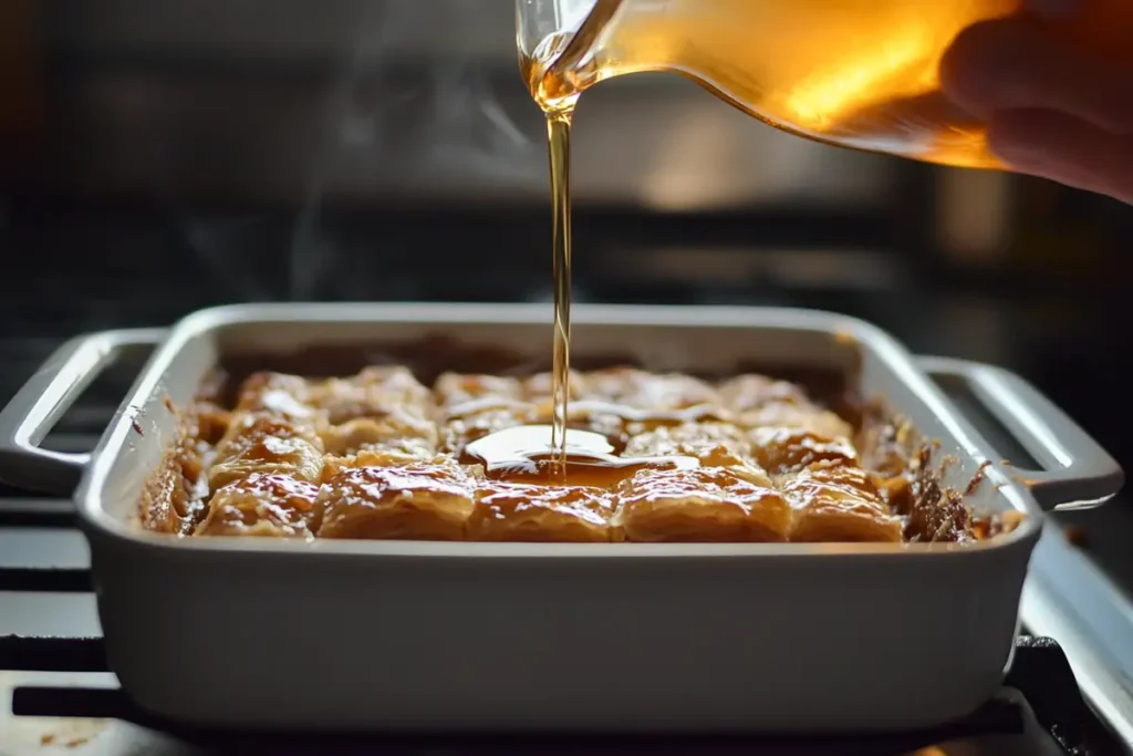 Syrupping the finished baklava