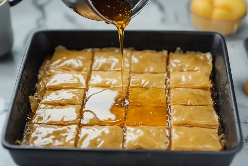 Syrupping hot baked baklava