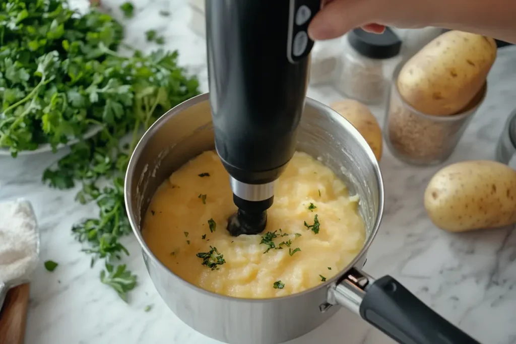 An immersion blender mixes mashed potatoes in a pot.