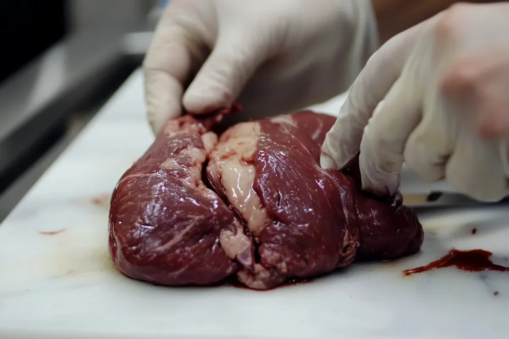 Close up of trimmed beef heart on a cutting board.