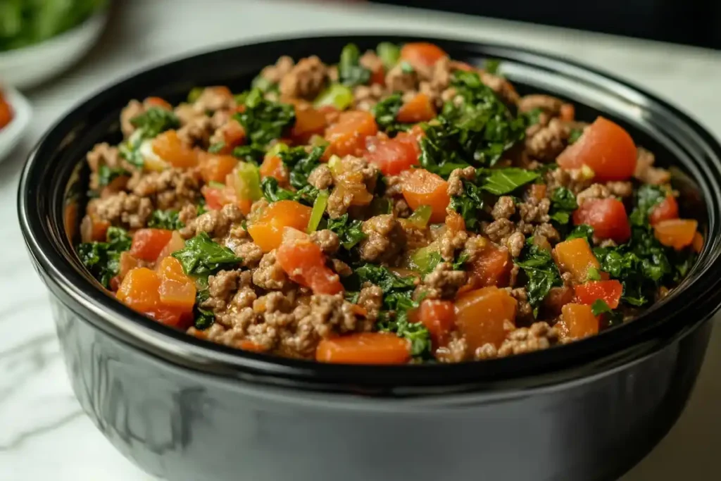 A black bowl is filled with cooked ground beef, chopped tomatoes, diced carrots, and chopped kale.