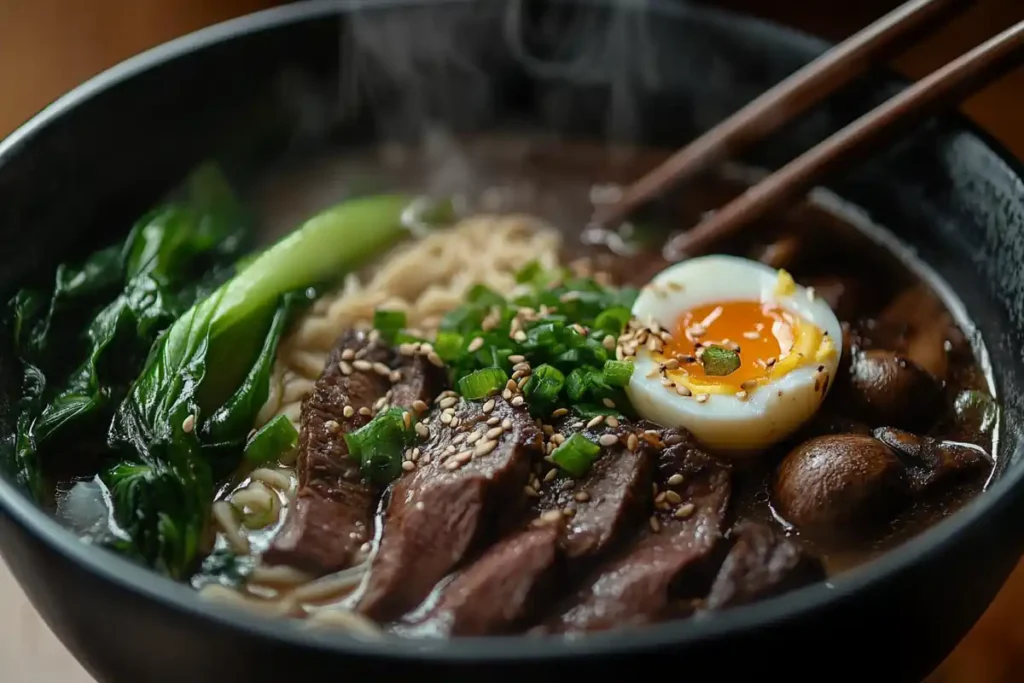 Bowl of beef ramen with vegetables and egg.