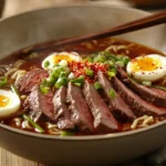 Steaming bowl of beef ramen noodles with egg and scallions.