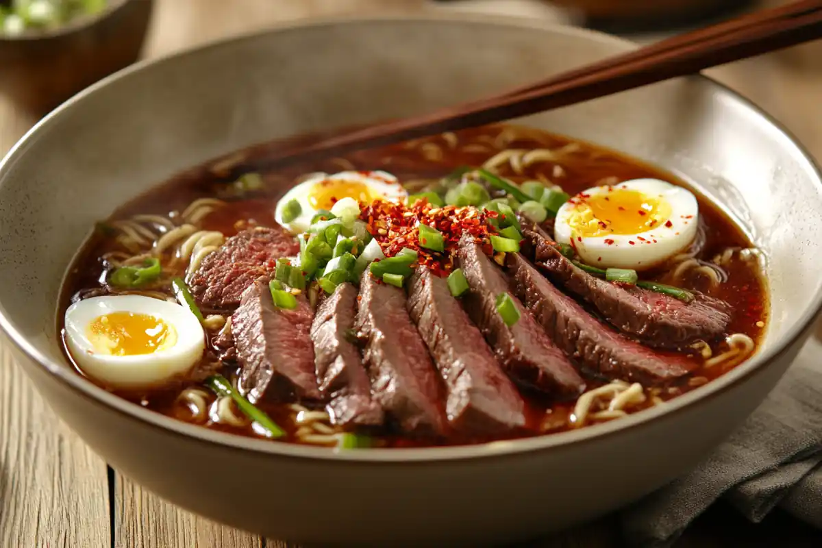 Steaming bowl of beef ramen noodles with egg and scallions.