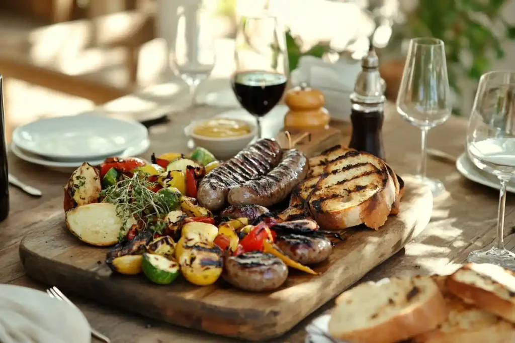 Grilled beef sausages with roasted vegetables and bread on a dinner table.