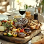 Grilled beef sausages with roasted vegetables and bread on a dinner table.