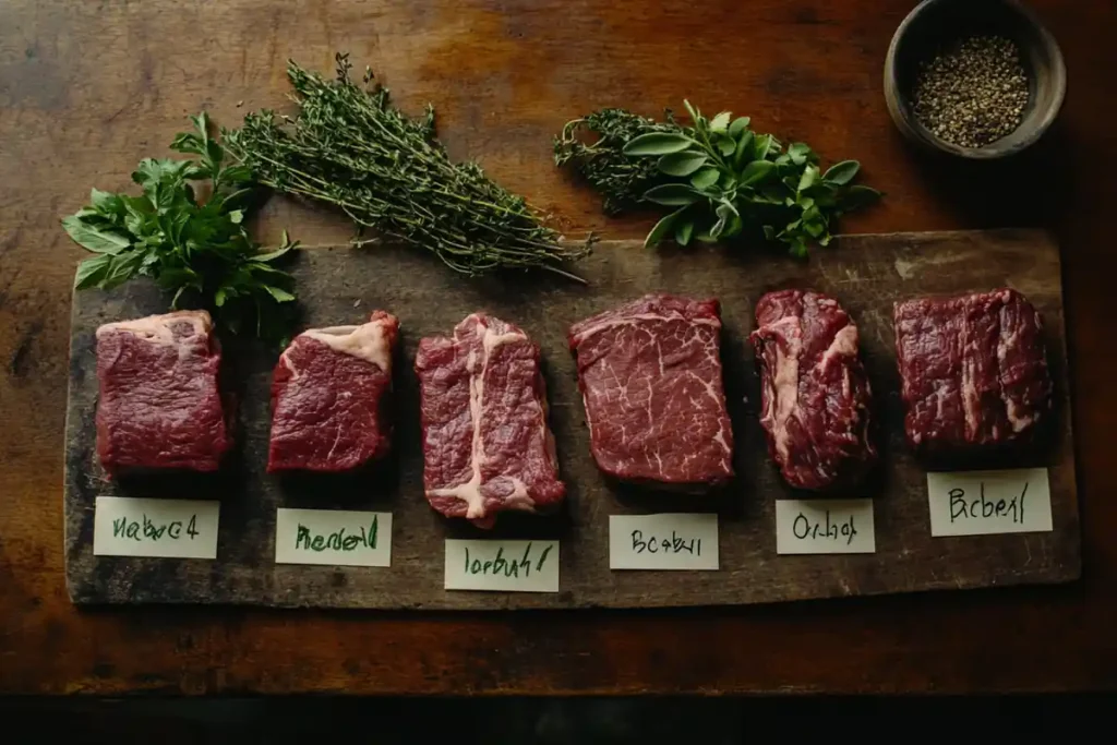 Various cuts of beef on a butcher table labeled for sausage-making.