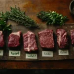 Various cuts of beef on a butcher table labeled for sausage-making.