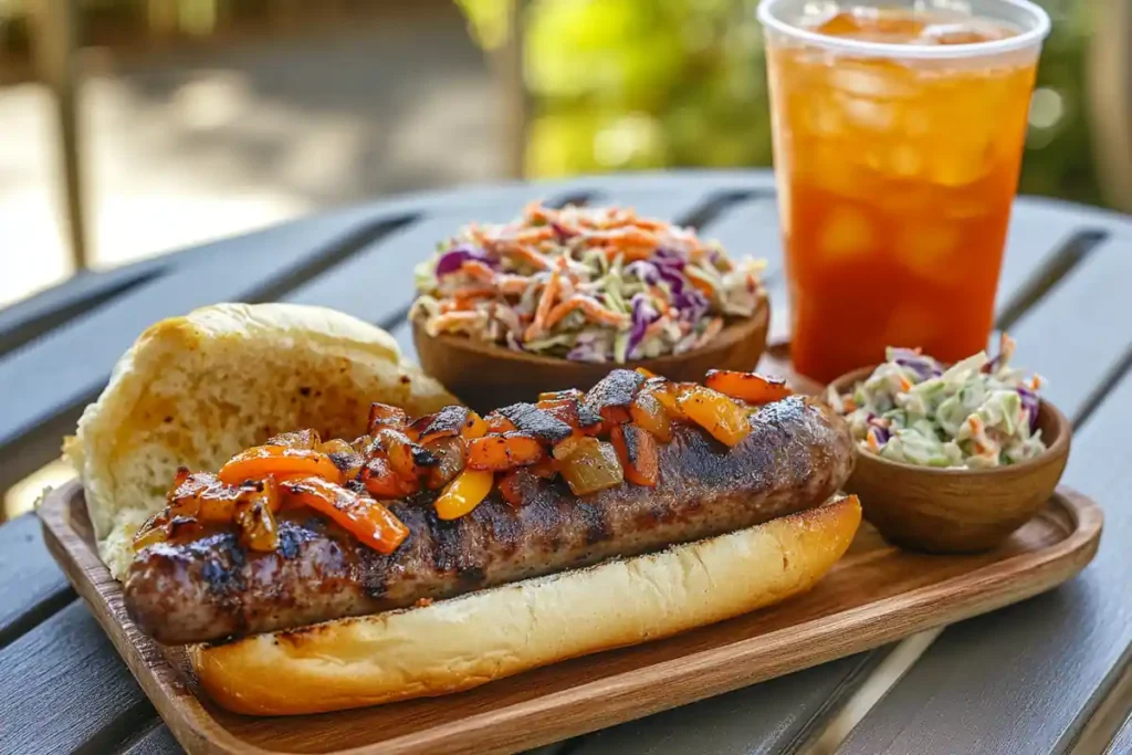 Beef sausage sandwich with sautéed peppers and onions in a toasted bun.