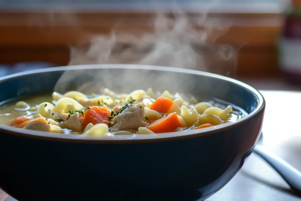 A bowl of Campbell’s chicken noodle soup with fresh vegetables.