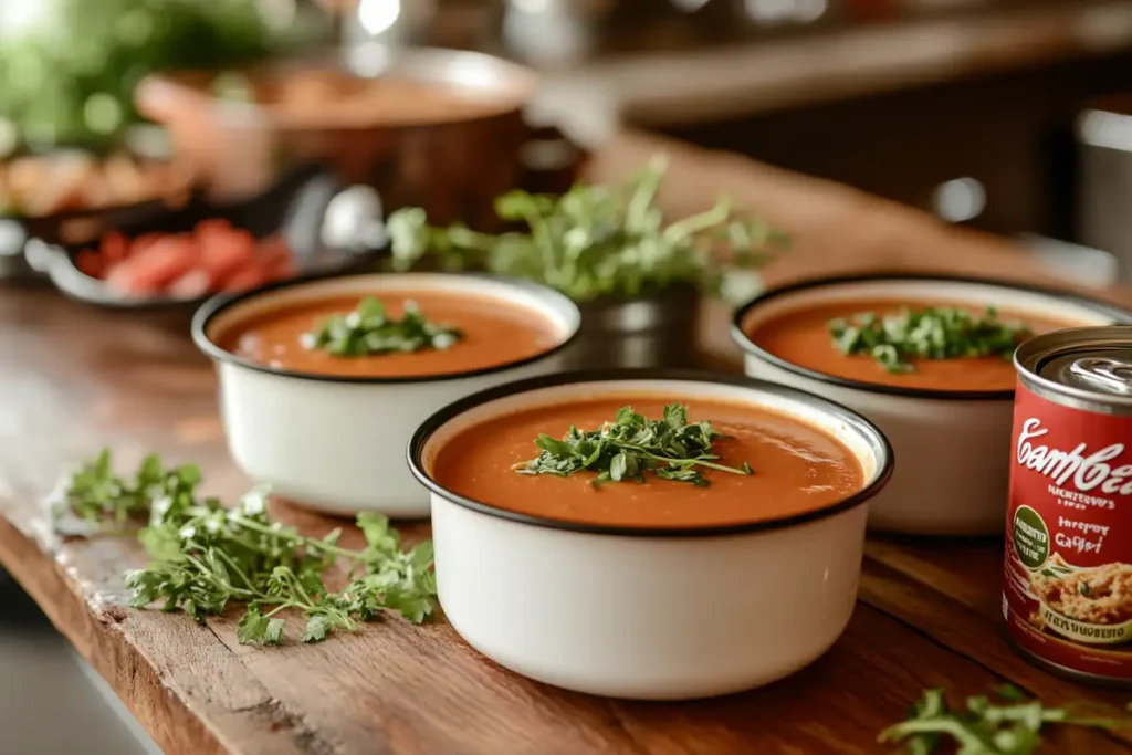 A variety of Campbell’s soups displayed on a rustic kitchen table.