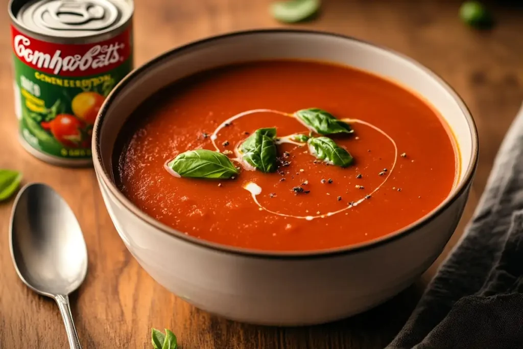 A bowl of Campbell’s tomato soup with fresh basil and cream swirl.