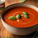 A bowl of Campbell’s tomato soup with fresh basil and cream swirl.