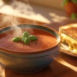 A bowl of Campbell’s tomato soup with grilled cheese on a wooden table.