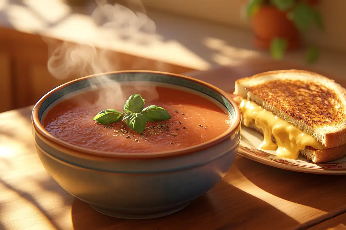 A bowl of Campbell’s tomato soup with grilled cheese on a wooden table.