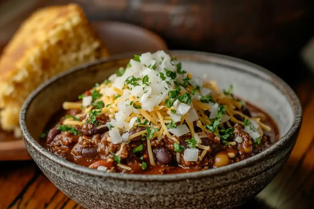 A bowl of Texas chili topped with cheese and onions, served with cornbread.