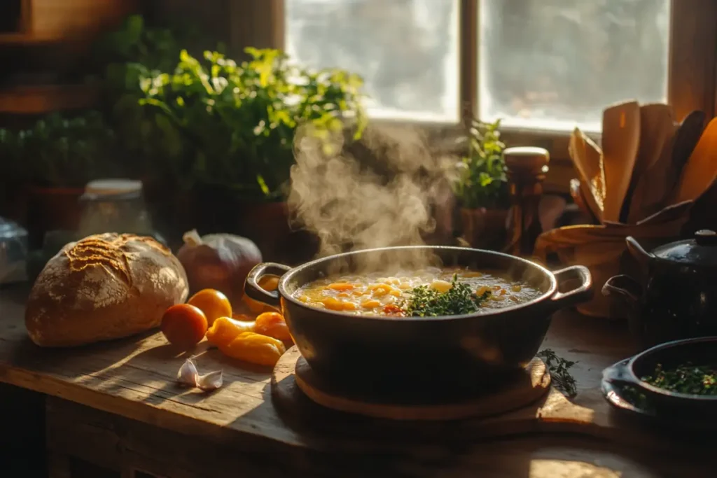 A steaming bowl of soup surrounded by bread and vegetables in a cozy kitchen.