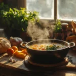 A steaming bowl of soup surrounded by bread and vegetables in a cozy kitchen.