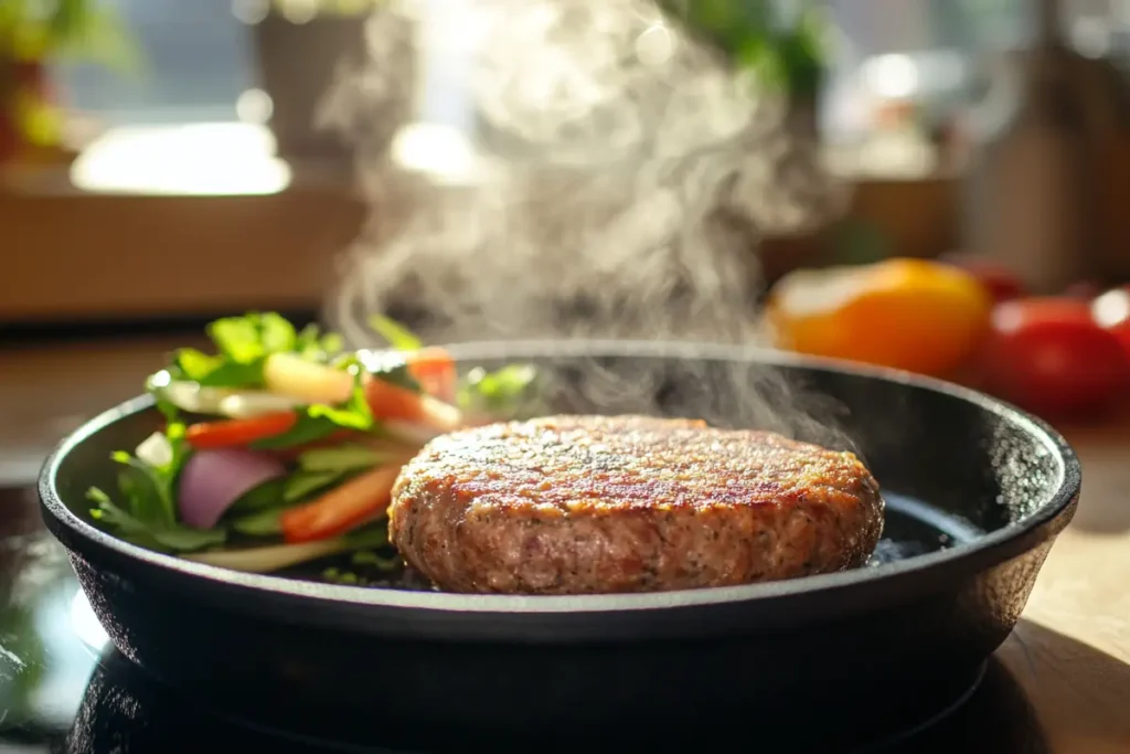 Plant-based sausage cooking in a skillet with vegetables.