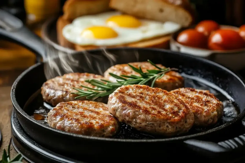 Pork and turkey breakfast sausages sizzling in a skillet.