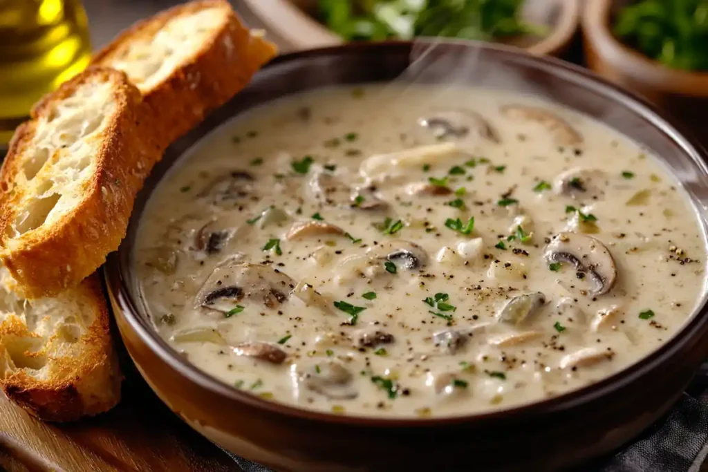 A bowl of Campbell’s mushroom soup served with garlic bread.