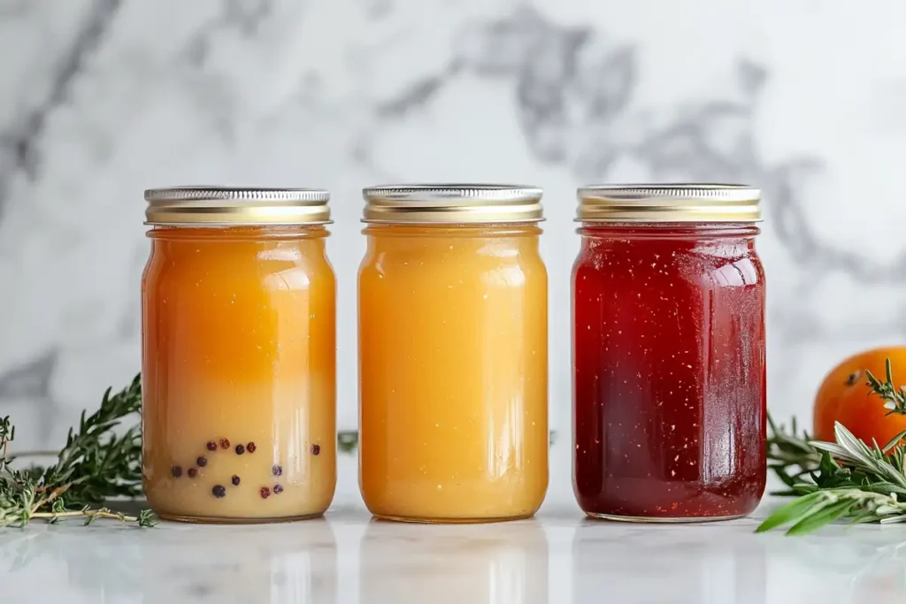 Three glass jars with gold lids are filled with colorful liquids, possibly jams or preserves.