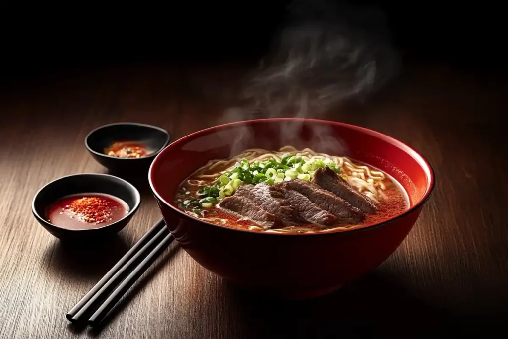 Beef ramen bowl with chili oil, soy sauce, and beef slices