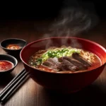 Beef ramen bowl with chili oil, soy sauce, and beef slices